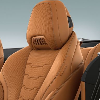 BMW M850i xDrive, bancos multifuncionais com sistema de aquecimento do pescoço, pele Merino em Cognac. BMW M850i xDrive, bancos multifuncionais com sistema de aquecimento do pescoço, pele Merino em Cognac.