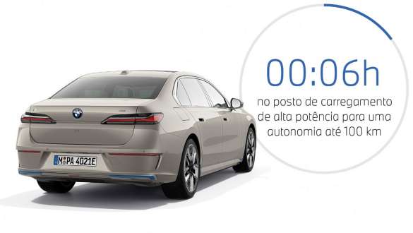 BMW i7 xDrive60, G70, 2022, perspetiva traseira a três quartos com gráfico do tempo de carregamento BMW i7 xDrive60, G70, 2022, perspetiva traseira a três quartos com gráfico do tempo de carregamento