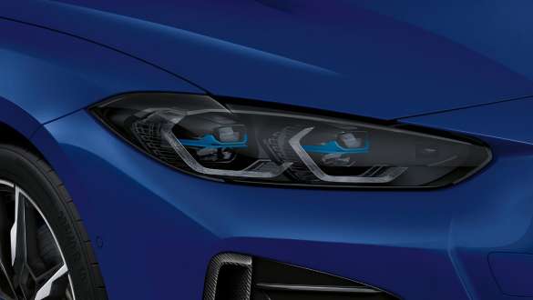 Luzes M Shadow Line e BMW Laserlight, BMW i4 M50, G26, 2021 Luzes M Shadow Line e BMW Laserlight, BMW i4 M50, G26, 2021, pintura azul Frozen Portimao BMW Individual metalizada