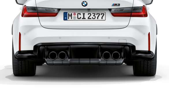 Sistema de escape desportivo M, BMW M3 Competition Berlina, G80, 2020 BMW M3 Competition Berlina, G80, 2020, sistema de escape desportivo M, perspetiva traseira