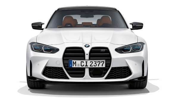 Design da dianteira, BMW M3 Competition Berlina, pintura branco Frozen Brilliant metalizada, G80, 2020 BMW M3 Competition Berlina, G80, 2020, pintura branco Frozen Brilliant metalizada, perspetiva frontal da dianteira