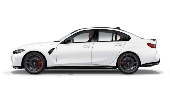 Design lateral, BMW M3 Competition Berlina,, cor exterior branco Frozen Brilliant metalizada, G80, 2020 BMW M3 Competition Berlina, G80, 2020, cor exterior branco Frozen Brilliant metalizada, vista lateral de perfil