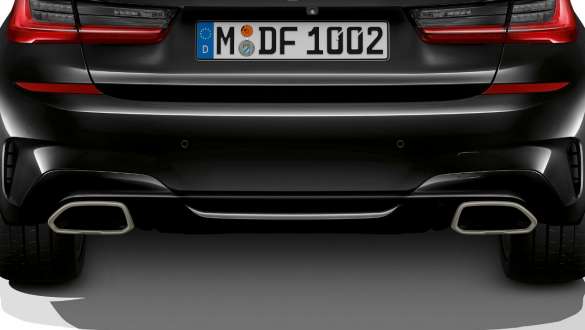 Ponteiras de escape exclusivas, BMW M340i xDrive Berlina, G20, 2020 BMW M340i xDrive Berlina, G20, 2020, pintura preto Sapphire metalizada, grande plano das ponteiras de escape exclusivas