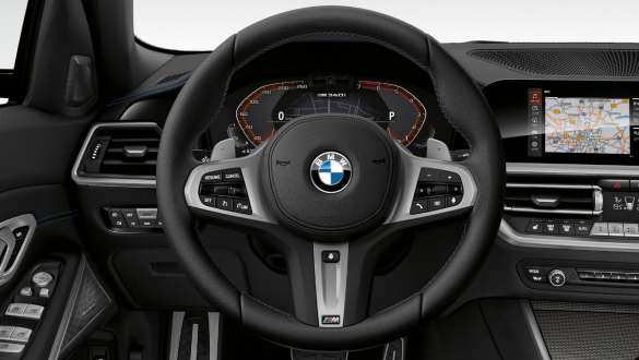 Direção desportiva variável, BMW M340i xDrive Berlina, G20, 2020 Direção desportiva variável, BMW M340i xDrive Berlina, G20, 2020, pintura preto Sapphire metalizada, interior do posto de condução