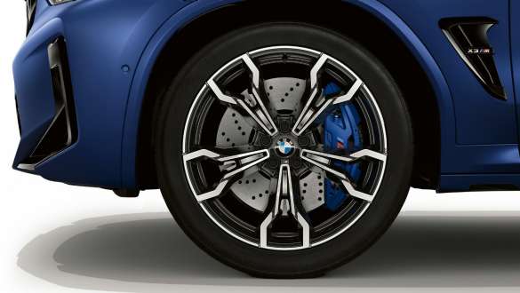 Jantes de liga leve BMW 765 M de raios em V de 21", BMW X3 M Competition, F97, LCI, atualização, 2021 BMW X3 M Competition, F97, LCI, atualização, 2021, cor exterior azul Frozen Marina Bay metalizada, jantes de liga leve BMW 765 M de raios em V de 21”, grande plano