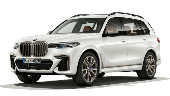 BMW X7, versão M com pack aerodinâmico M, G07, 2019 BMW X7, versão M com pack aerodinâmico M, G07, 2019, perspetiva lateral a três quartos