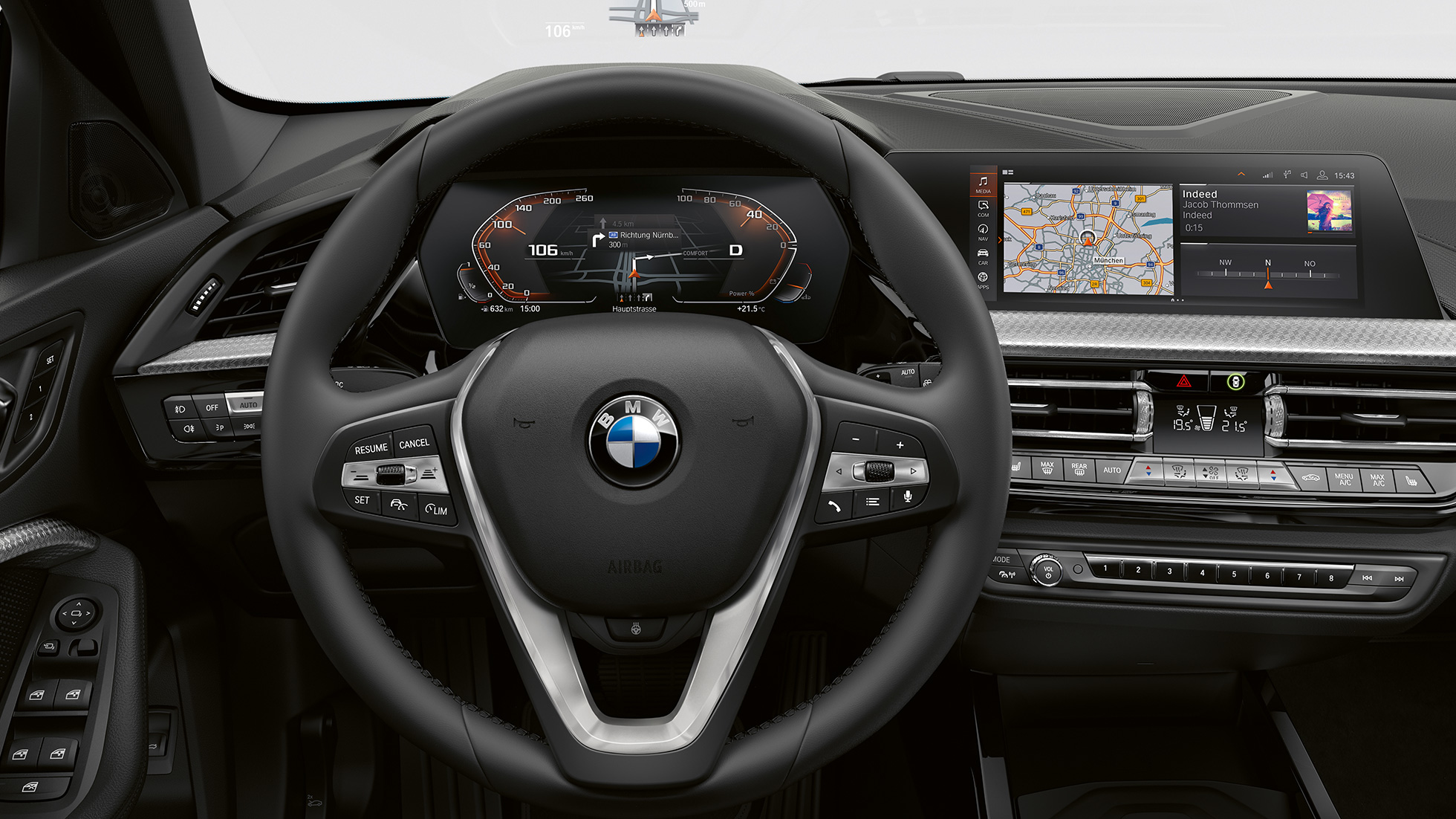 Volante desportivo em pele. BMW Série 1 Versão Line Luxury, posto de condução com volante desportivo em pele.