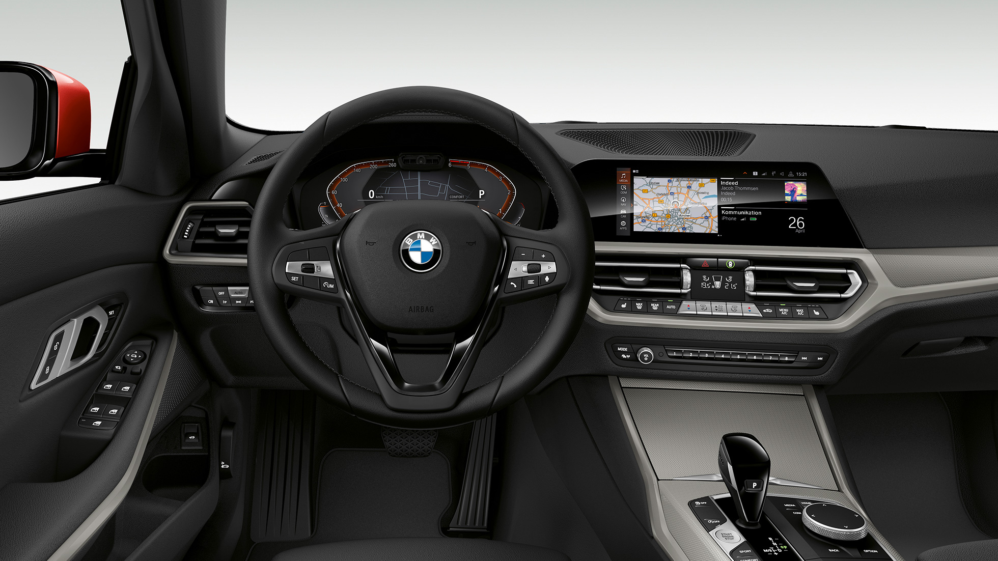 BMW Série 3 Berlina, interior da Versão Advantage. Grande plano frontal do interior, do lado do condutor, do BMW Série 3 Berlina com equipamento da Versão Advantage.