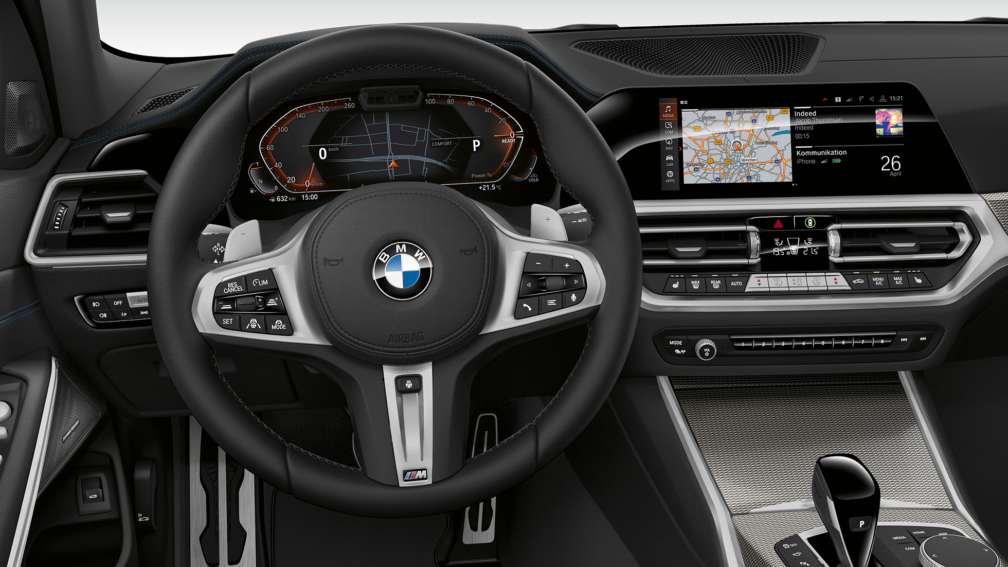 BMW Série 3 Berlina, interior da Versão Line Sport. Grande plano frontal do interior, do lado do condutor, do BMW Série 3 Berlina com equipamento da Versão Line Sport.