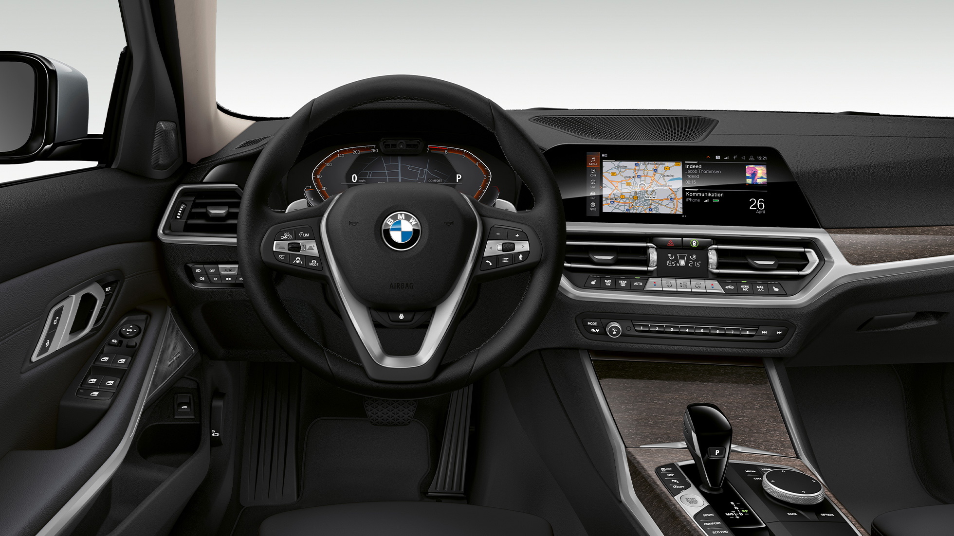 BMW Série 3 Berlina, interior da Versão Line Luxury. Grande plano frontal do interior, do lado do condutor, do BMW Série 3 Berlina com equipamento da Versão Line Luxury.