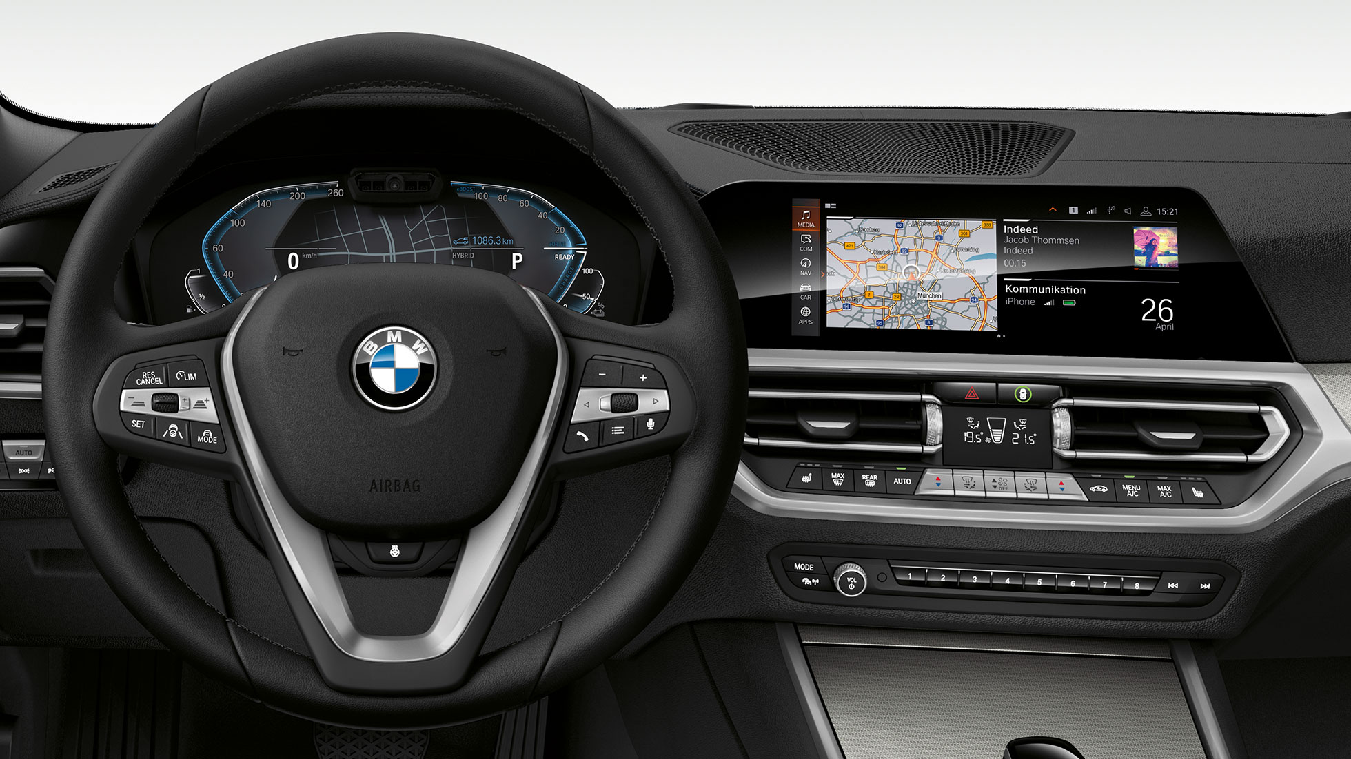 BMW Série 3 Berlina, interior da versão 330e. Perspetiva frontal detalhada do interior do BMW Série 3 Berlina com ecrã específico i.