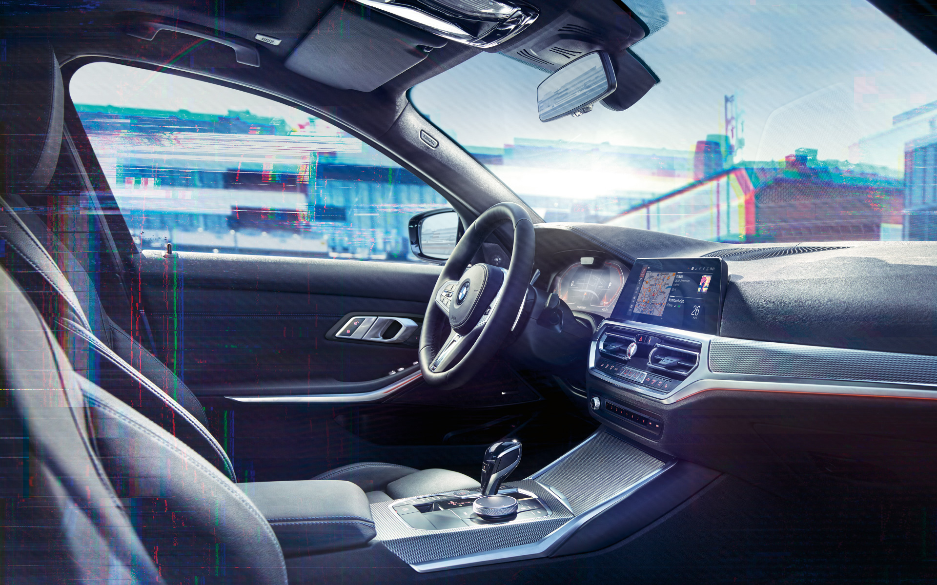 BMW Série 3 Berlina (G20), BMW Live Cockpit Professional. Grande plano do interior do BMW Série 3 Berlina (G20) com BMW Live Cockpit Professional.