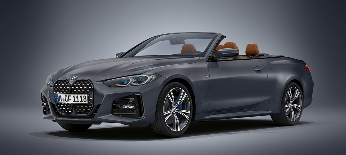 Pintura cinza Frozen Deep BMW Individual metalizada, BMW Série 4 Cabrio, G23, 2020 BMW Série 4 Cabrio, pintura cinza Frozen Deep BMW Individual metalizada, G23, 2020, perspetiva frontal a três quartos, estacionado