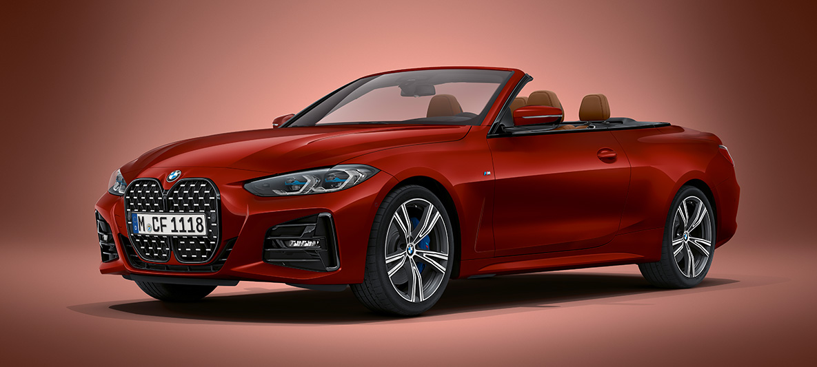 Pintura vermelho Aventurine BMW Individual metalizada, BMW Série 4 Cabrio, G23, 2020 BMW Série 4 Cabrio, G23, 2020, pintura vermelho Aventurine BMW Individual metalizada, perspetiva frontal a três quartos estacionado