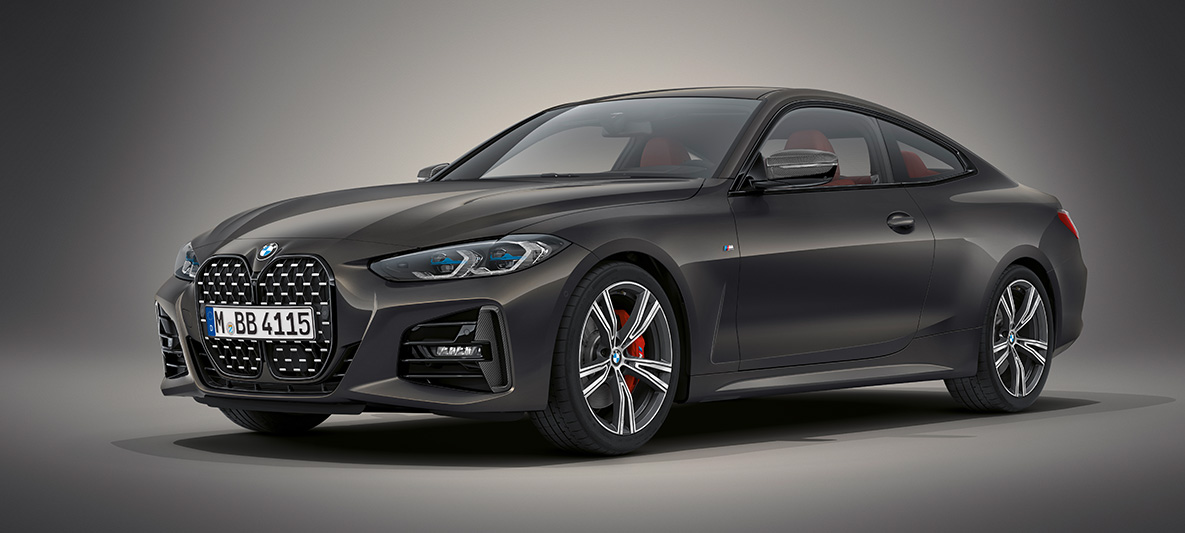 Pintura cinza Dravite BMW Individual metalizada do BMW Série 4 Coupé, G22, 2020 BMW Série 4 Coupé, pintura cinza Dravite BMW Individual metalizada, G22, 2020, perspetiva frontal a três quartos