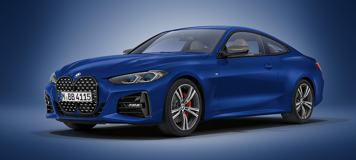 Pintura azul Portimao BMW Individual metalizada do BMW Série 4 Coupé, G22, 2020 BMW Série 4 Coupé, pintura azul Portimao BMW Individual metalizada, G22, 2020, perspetiva frontal a três quartos, parado