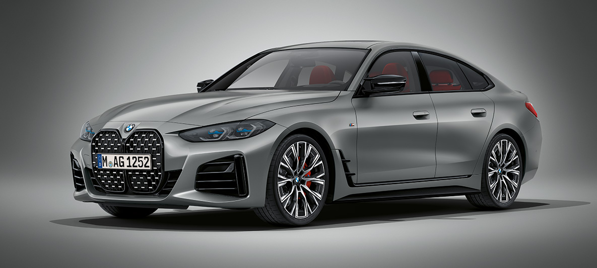 BMW Série 4 Gran Coupé, G26, 2021, pintura cinza Frozen Pure BMW Individual metalizada BMW Série 4 Gran Coupé, G26, pintura cinza Frozen Pure BMW Individual metalizada, perspetiva frontal a três quartos, parado