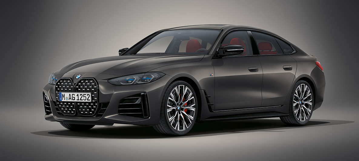BMW Série 4 Gran Coupé, G26, 2021, pintura cinza Dravite BMW Individual metalizada BMW Série 4 Gran Coupé, G26, 2021, pintura cinza Dravite BMW Individual metalizada, perspetiva frontal a três quartos, parado