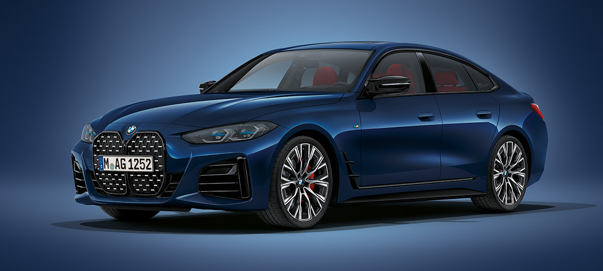 BMW Série 4 Gran Coupé, G26, 2021, pintura azul Tanzanite BMW Individual metalizada BMW Série 4 Gran Coupé, G26, 2021, pintura azul Tanzanite BMW Individual metalizada, perspetiva frontal a três quartos, parado