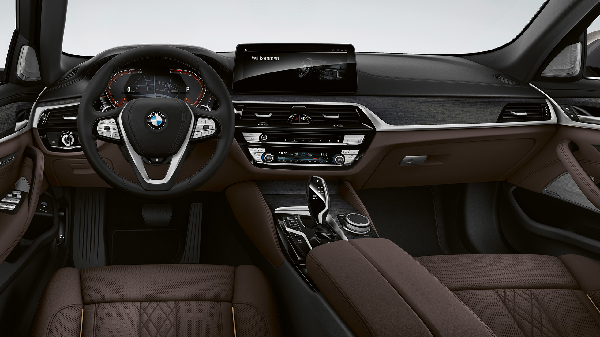 Posto de condução, BMW Série 5 Berlina, G30, Versão Line Luxury Posto de condução, BMW Série 5 Berlina 520d xDrive, G30, 2020, Versão Line Luxury, estofos em pele Exclusive Nappa em Mocha com costuras exclusivas e debrum contrastante, interior