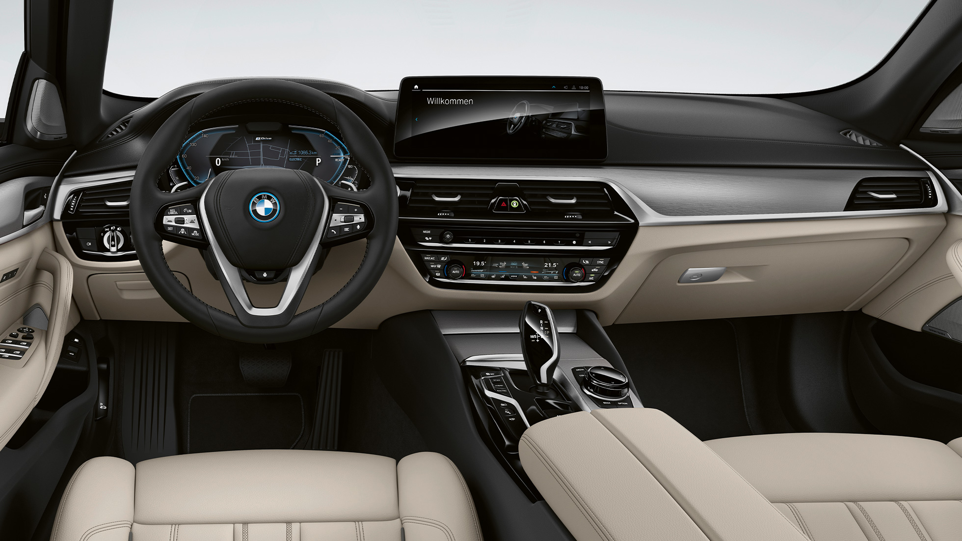 Posto de condução, BMW Série 5 Touring, G31, versão base Posto de condução, BMW Série 5 Touring 530i, G31, 2020, versão base, estofos em pele Dakota em branco Ivory com costuras exclusivas e debrum contrastante, interior