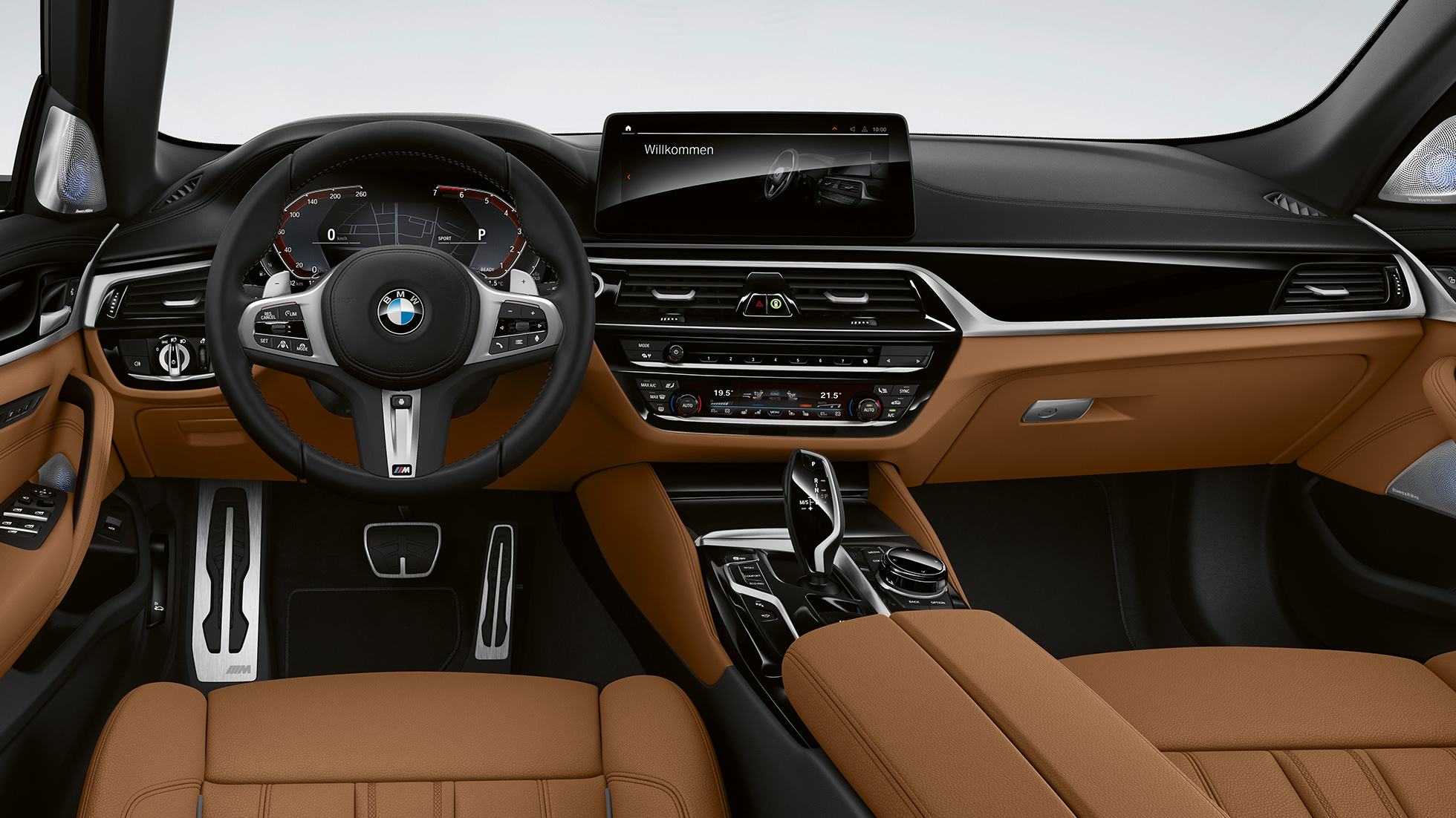 Posto de condução, BMW Série 5 Touring, G31, Pack Desportivo M Posto de condução, BMW Série 5 Touring 530e, G31, 2020, Pack Desportivo M, pele Dakota em Cognac com costuras exclusivas e debrum contrastante, interior