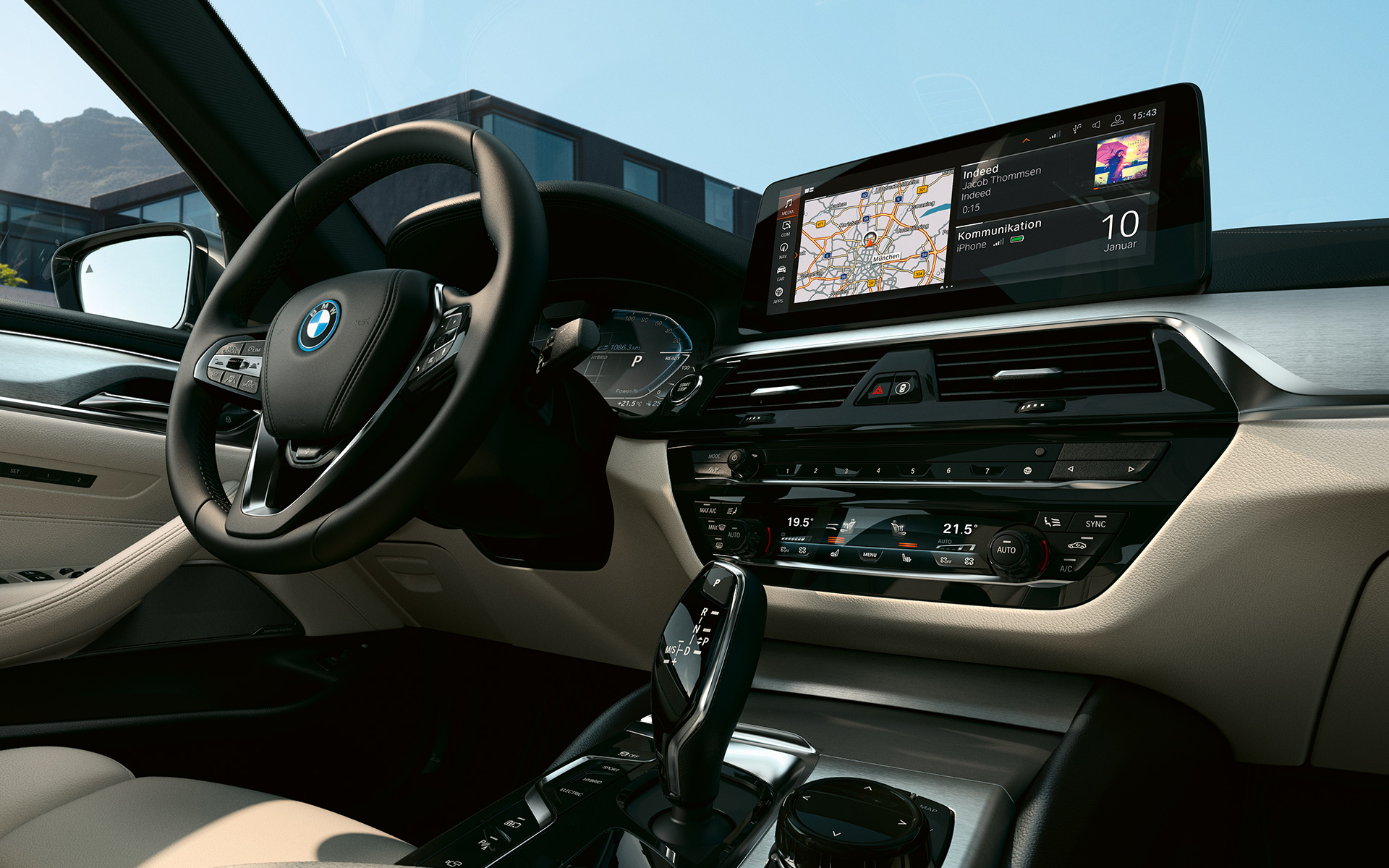 Posto de condução, BMW Série 5 Touring, G31, LCI, LCFI, 4K9 Posto de condução, BMW Série 5 Touring, G31, atualização, 2020, interior, estofos em pele Dakota em branco Ivory, frisos interiores em alumínio escovado com polimento fino com linha de realce em cromado com brilho pérola