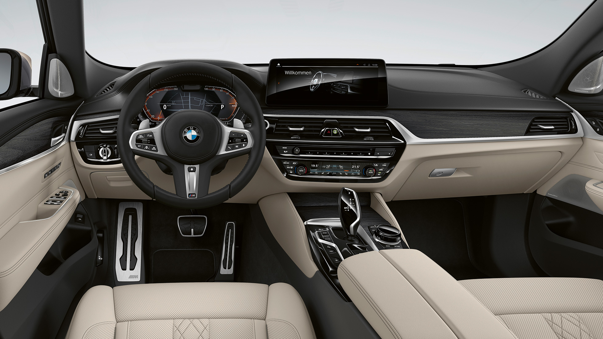 Posto de condução, BMW Série 6 Gran Turismo, Pack Desportivo M, G32, 2020 BMW Série 6 Gran Turismo, G32, BMW 640i xDrive, 2020, Pack Desportivo M, pele Nappa em branco Ivory, interior