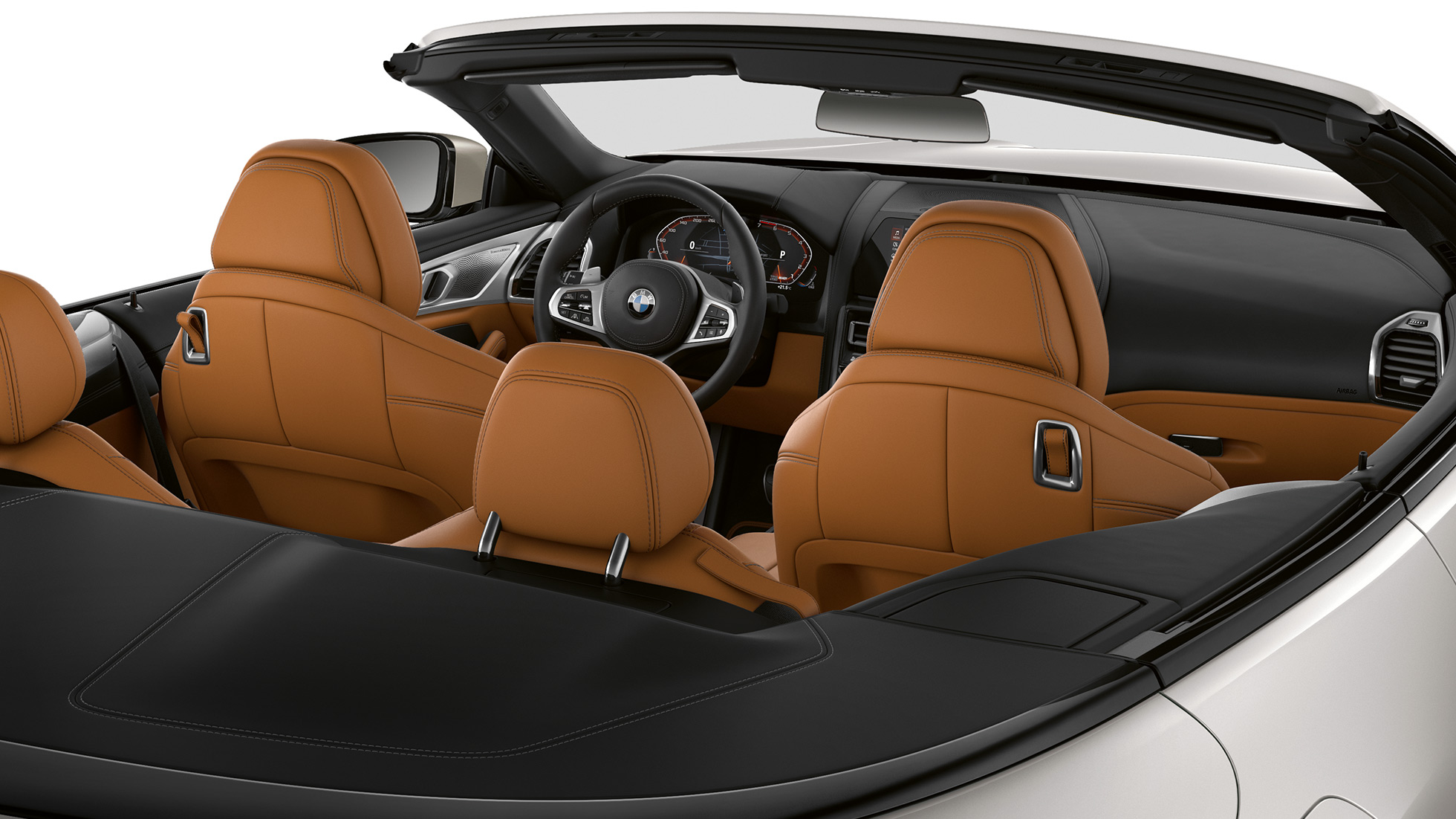 BMW M850i xDrive, interior com capota flexível aberta. BMW M850i xDrive, interior com capota flexível aberta.