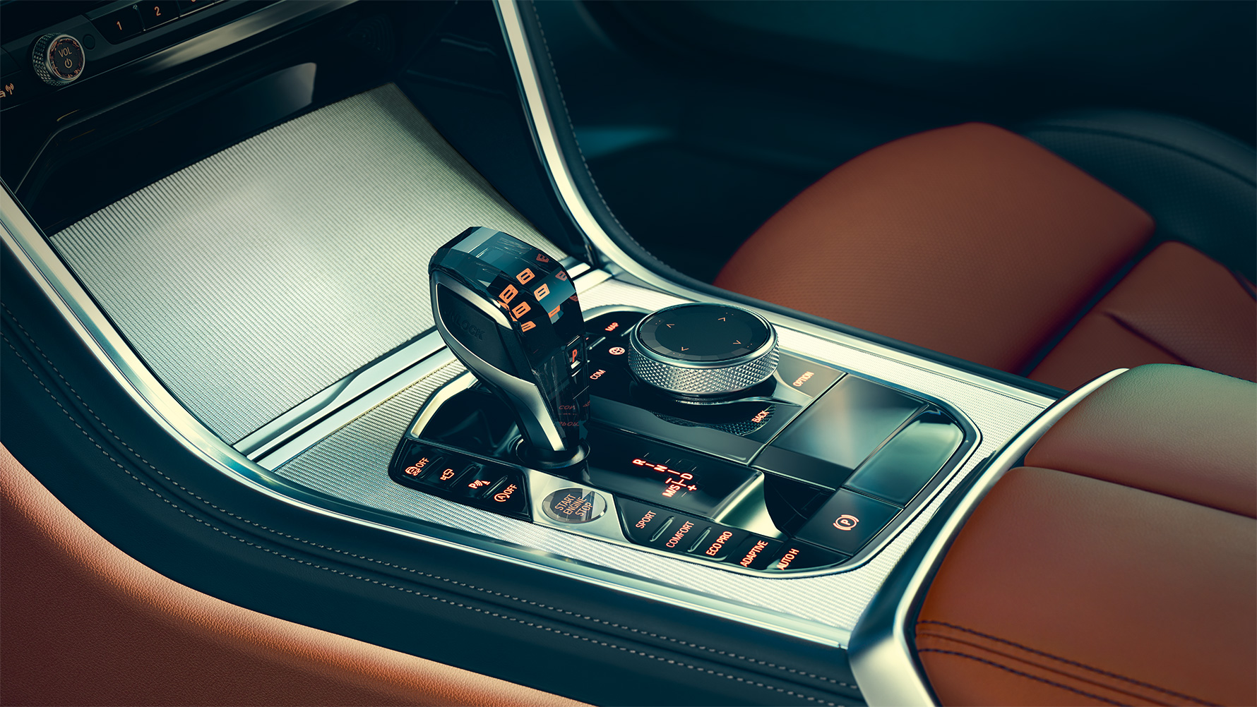 BMW 8 Series Coupé, middle console Close-up of the BMW 8 Series Coupé interior with a focus on the middle console.