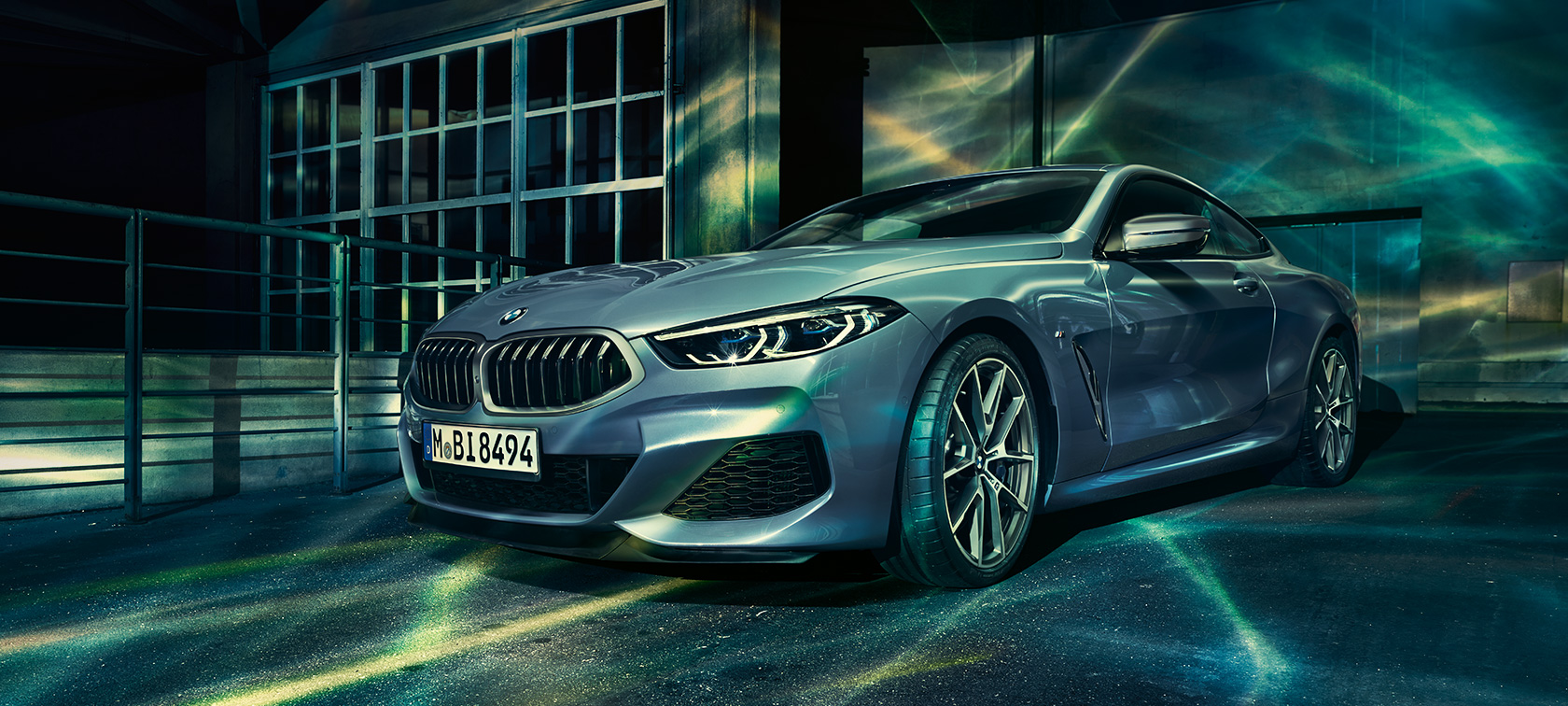 The BMW 8 Series, three-quarters front A three-quarter front still shot of the BMW 8 Series Coupé in an urban setting.