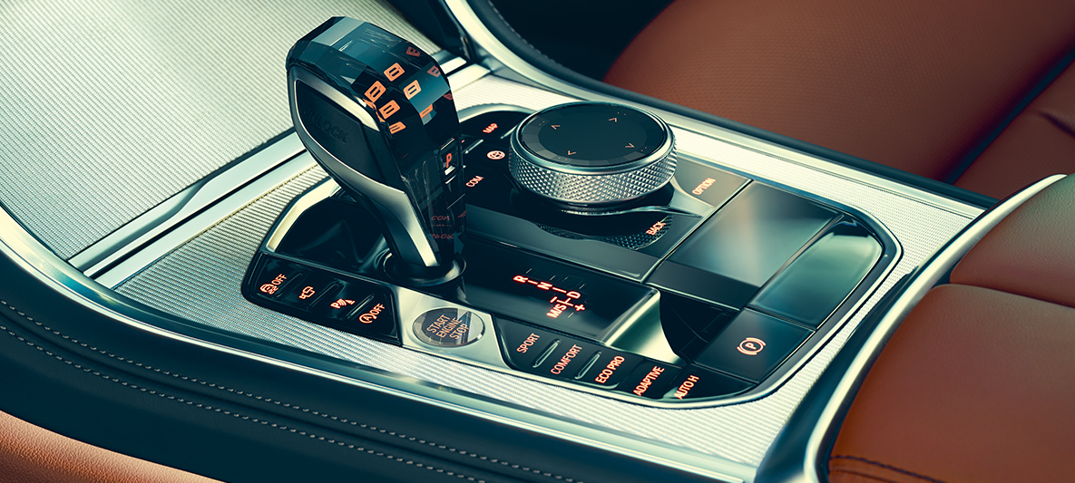 Aplicações em vidro do BMW Série 8 Coupé Detalhe das aplicações em vidro no interior do BMW Série 8.