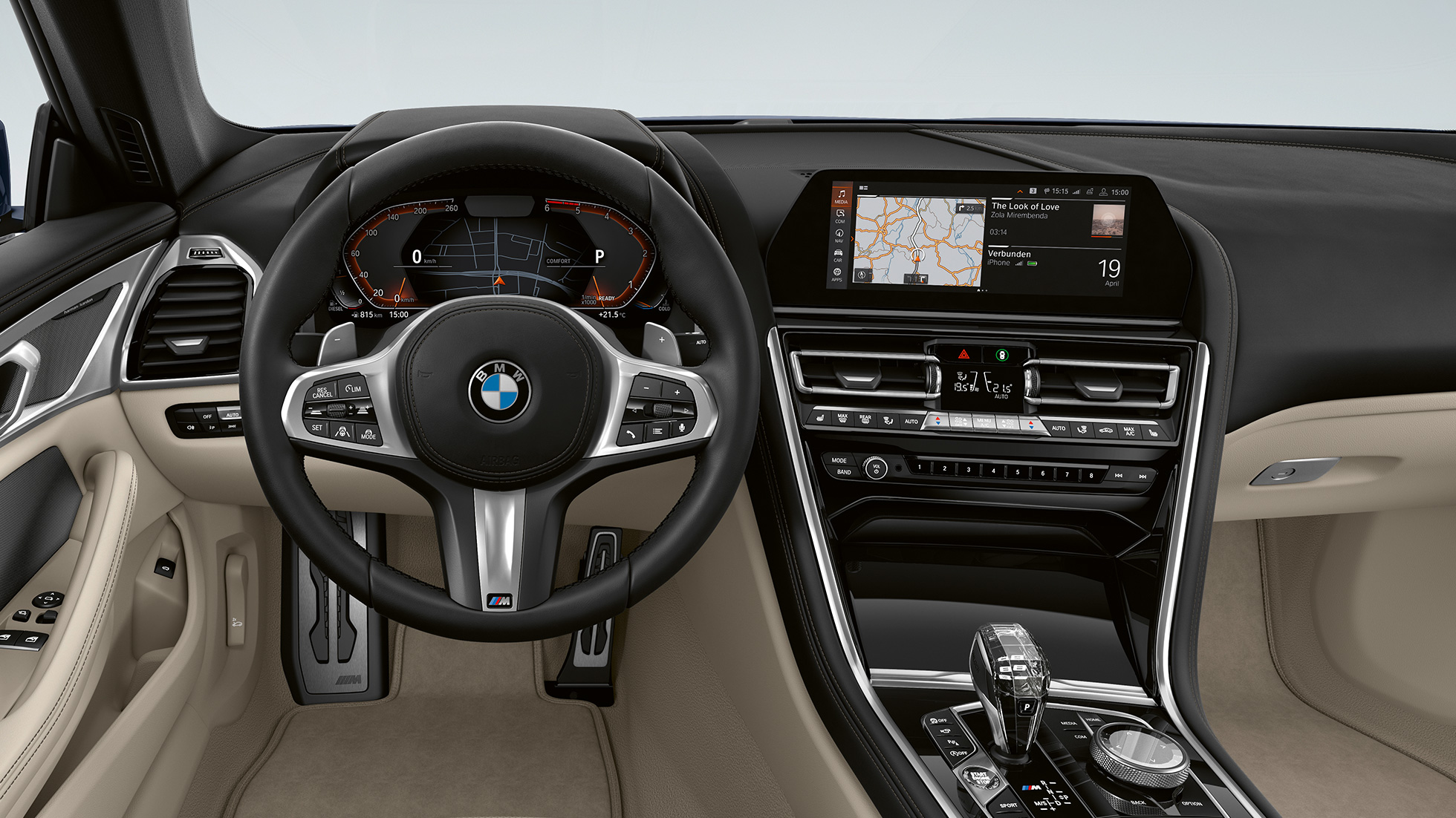 Volante M multifunções em pele. BMW Série 8 Coupé, posto de condução, volante M multifunções em pele.