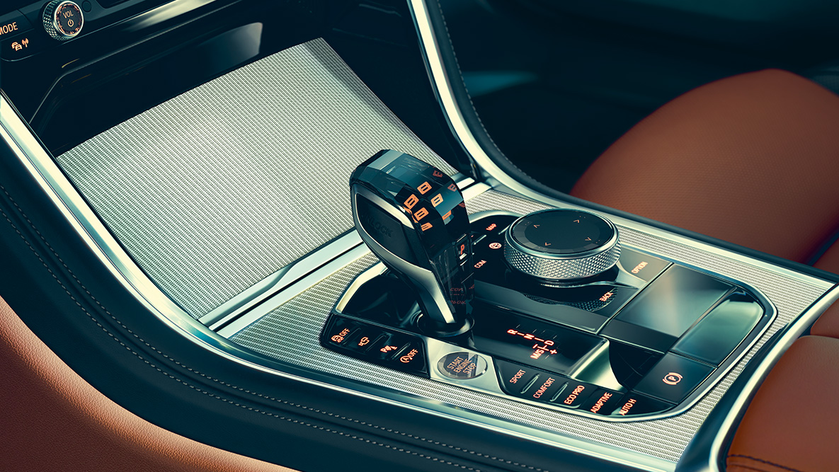 BMW Série 8 Coupé, aplicações em vidro. Grande plano das aplicações em vidro no interior do BMW Série 8 Coupé.