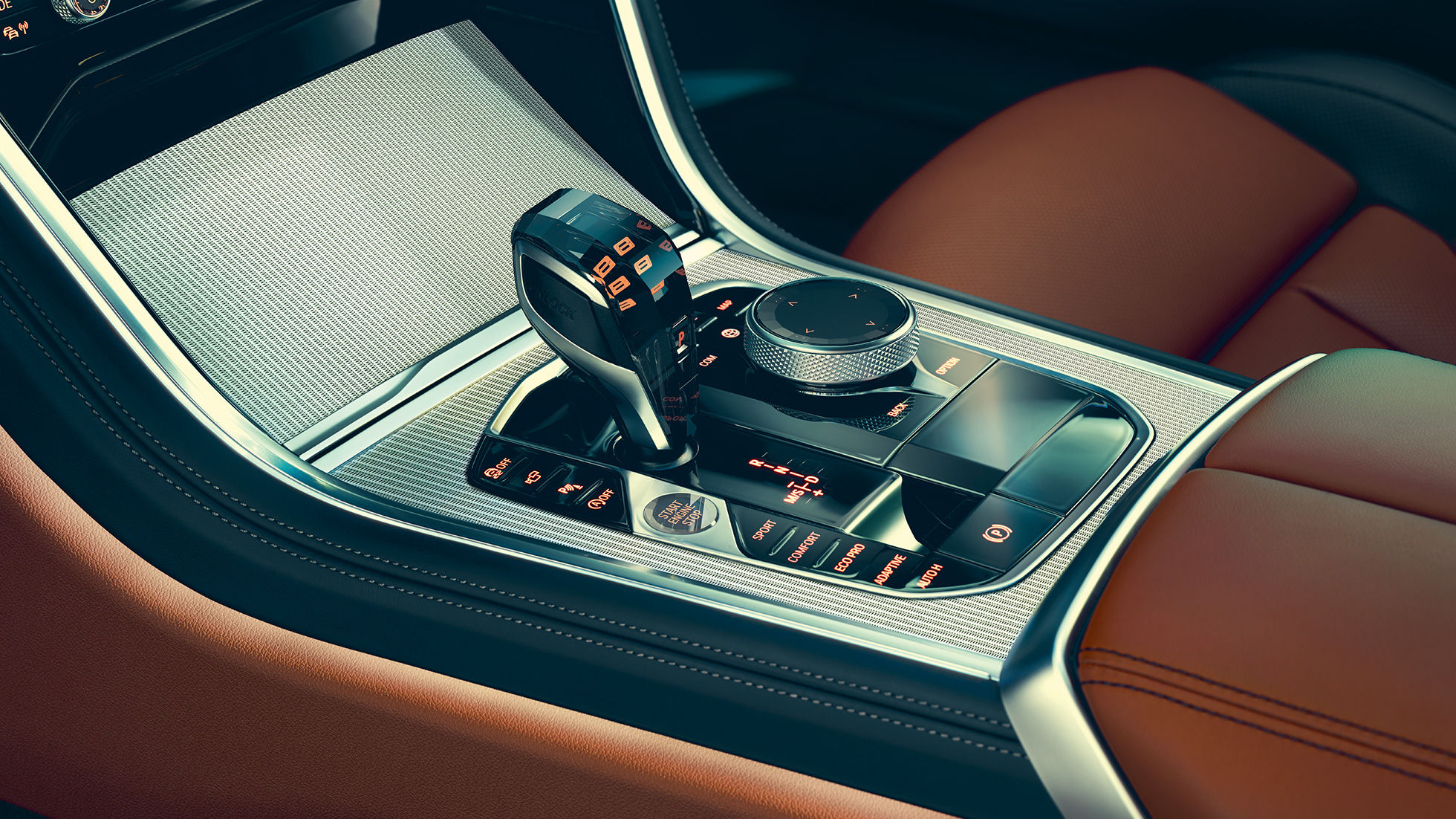 BMW Série 8 Coupé, interior. BMW Série 8 Coupé, grande plano da alavanca seletora.
