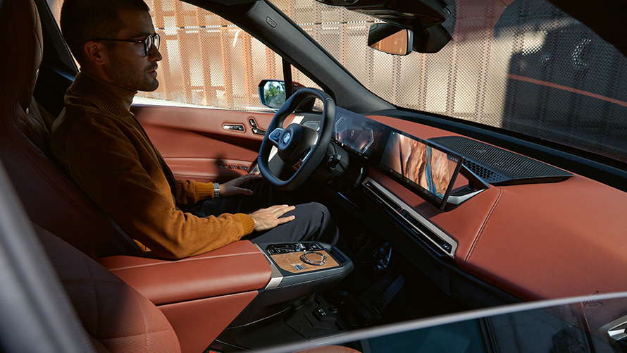 BMW iX, i20, SUV elétrico, interior BMW iX, i20, SUV elétrico, design interior Suite, pele Castanea