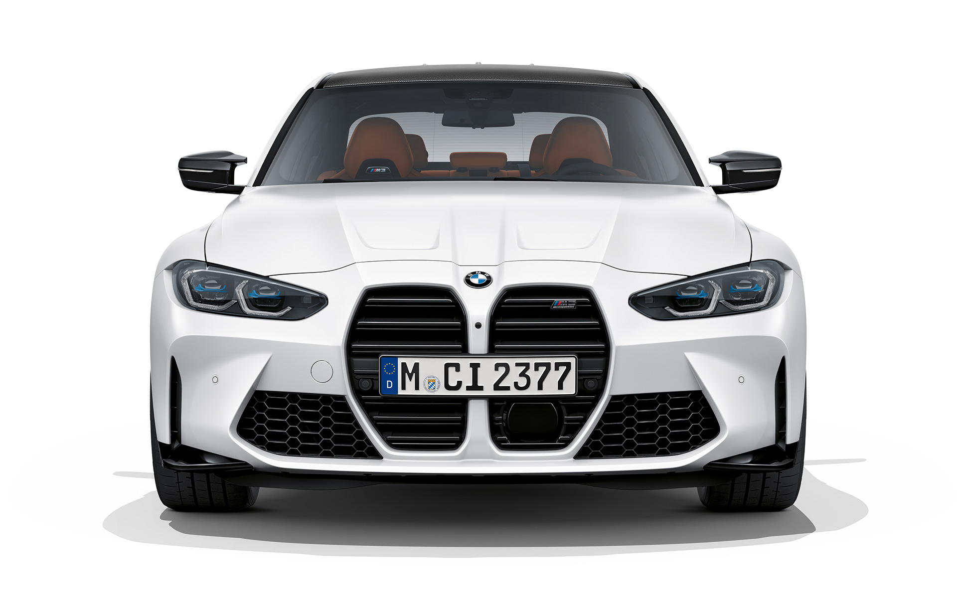 BMW M3 Competition, G80, 2020, pintura branco Frozen Brilliant metalizada, perspetiva dianteira