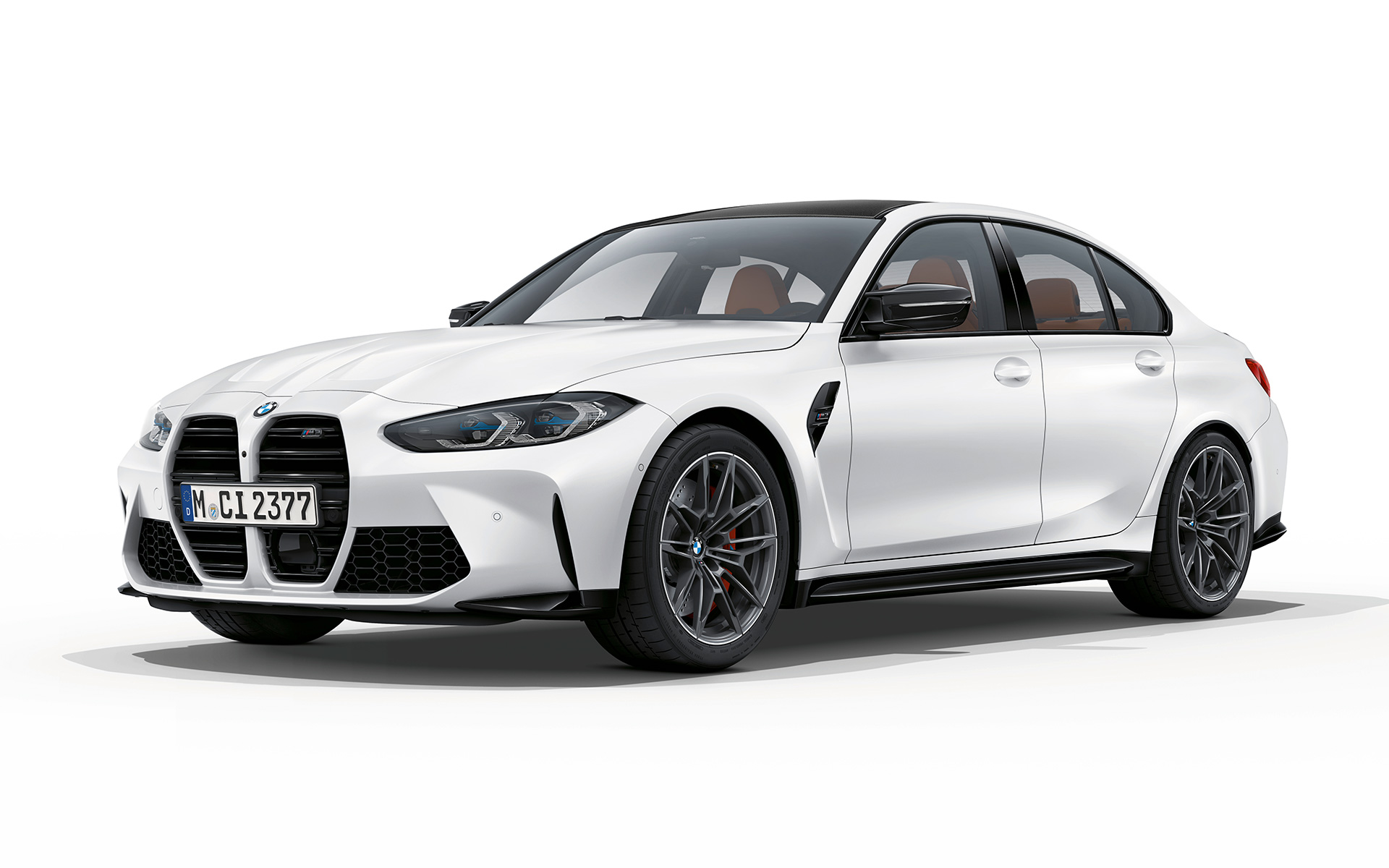 BMW M3 Competition, G80, 2020, pintura branco Frozen Brilliant metalizada, perspetiva dianteira a três quartos