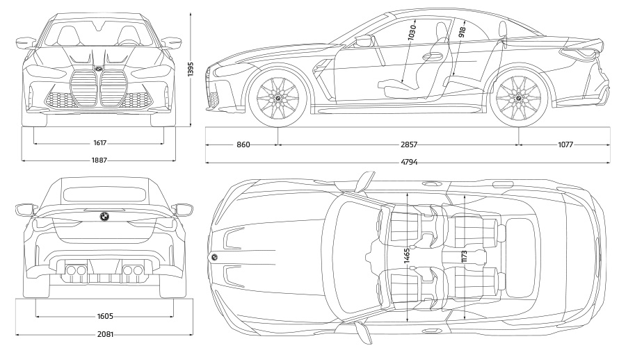 BMW M4 Competition Cabrio com M xDrive, G83, 2021, dimensões do desenho, perspetiva lateral BMW M4 Competition Cabrio com M xDrive, G83, 2021, dimensões do desenho, perspetiva lateral
