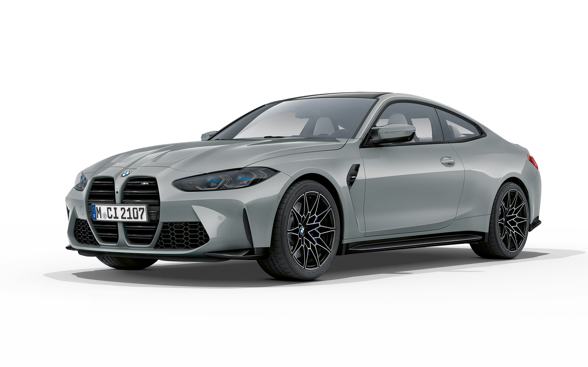 BMW M4 Coupé, G82, 2020, pintura cinza Brooklyn metalizada, perspetiva dianteira a três quartos