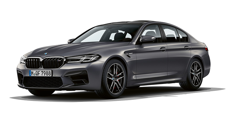 BMW M5, F90 LCI, atualização, 2020, pintura cinza Brands Hatch metalizada, perspetiva frontal a três quartos