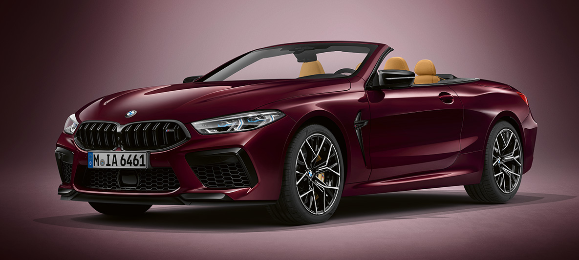BMW Individual M8 Cabrio na pintura Ametrine BMW Individual metalizada. BMW Individual M8 Cabrio na pintura Ametrine BMW Individual metalizada, perspetiva frontal a três quartos.