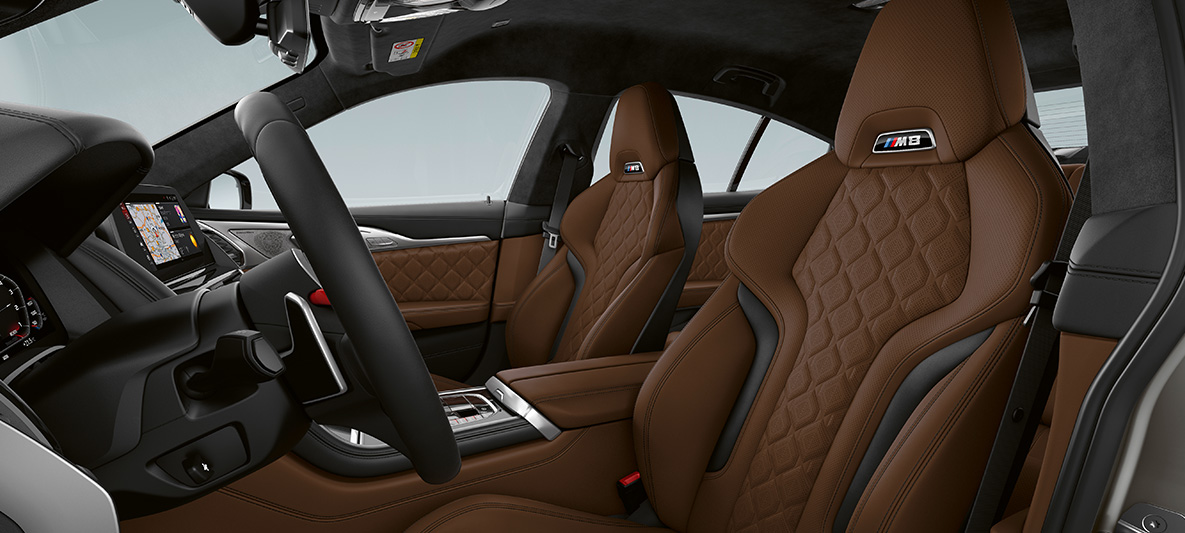 Bancos desportivos M em pele Merino, BMW M8 Gran Coupé Bancos desportivos M com logótipo "M8" em pele Merino, BMW M8 Gran Coupé, F93, 2020, interior