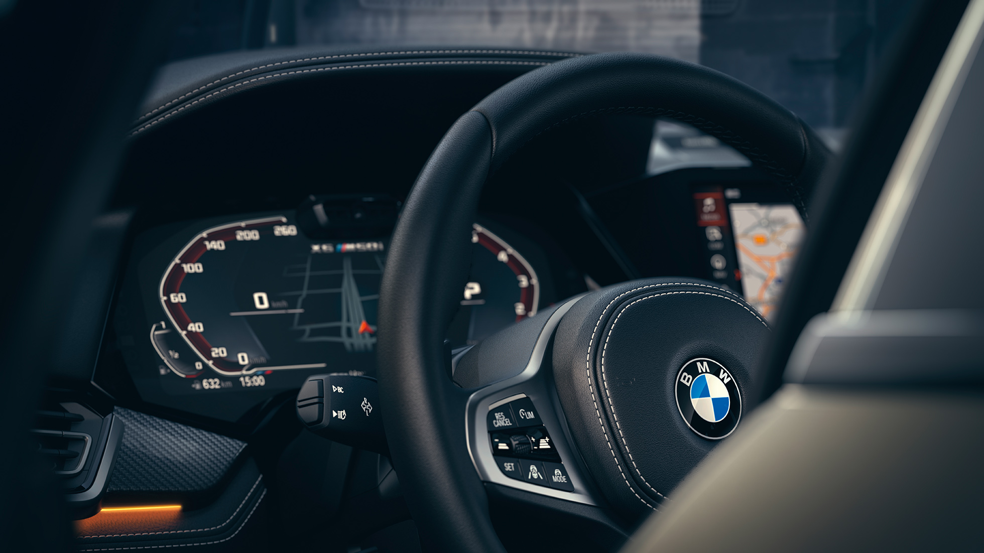 Sistemas de assistência BMW. Grande plano do interior do BMW com destaque para o painel de instrumentos.