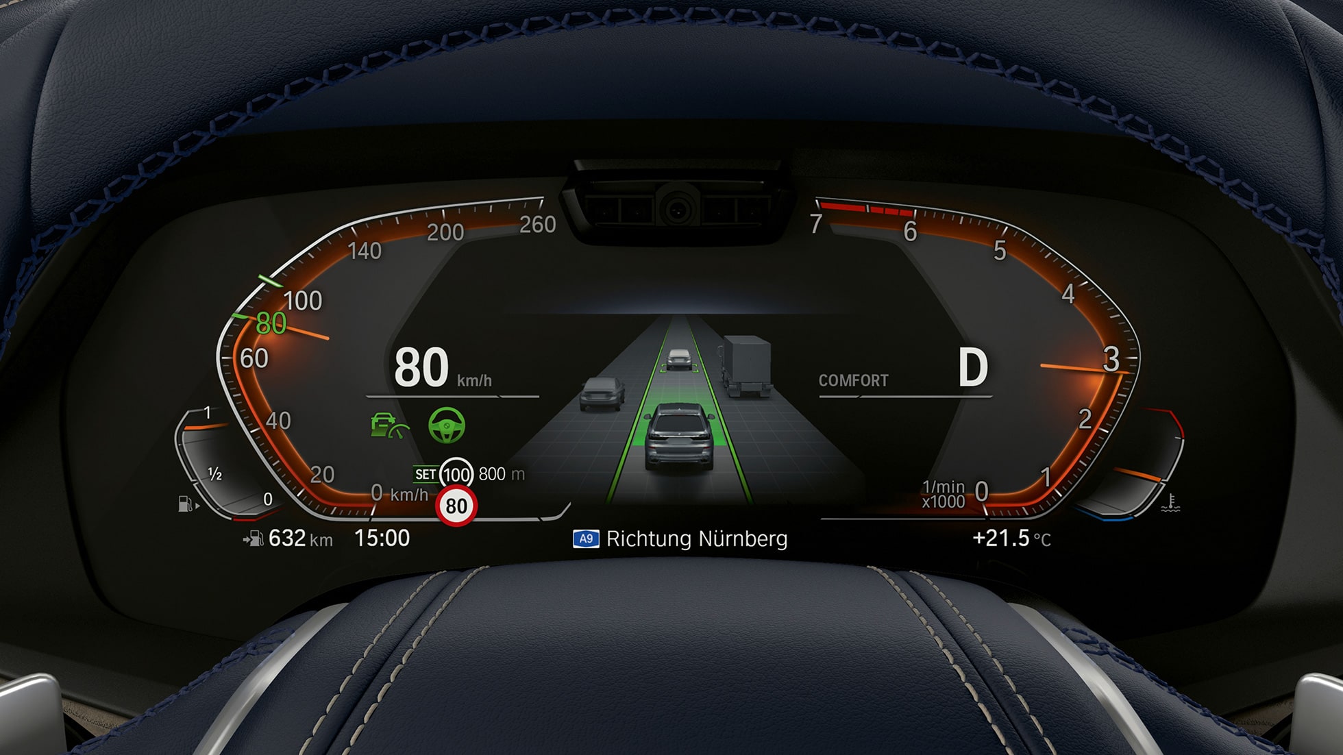 Assistente de condução Plus e assistente de estacionamento Plus Assistente de condução Plus e assistente de estacionamento Plus: grande plano do painel de instrumentos