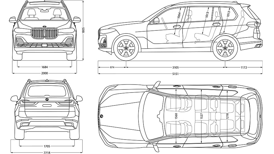 Linhas de desenho, BMW X7, dimensões Linhas de desenho, BMW X7, dimensões
