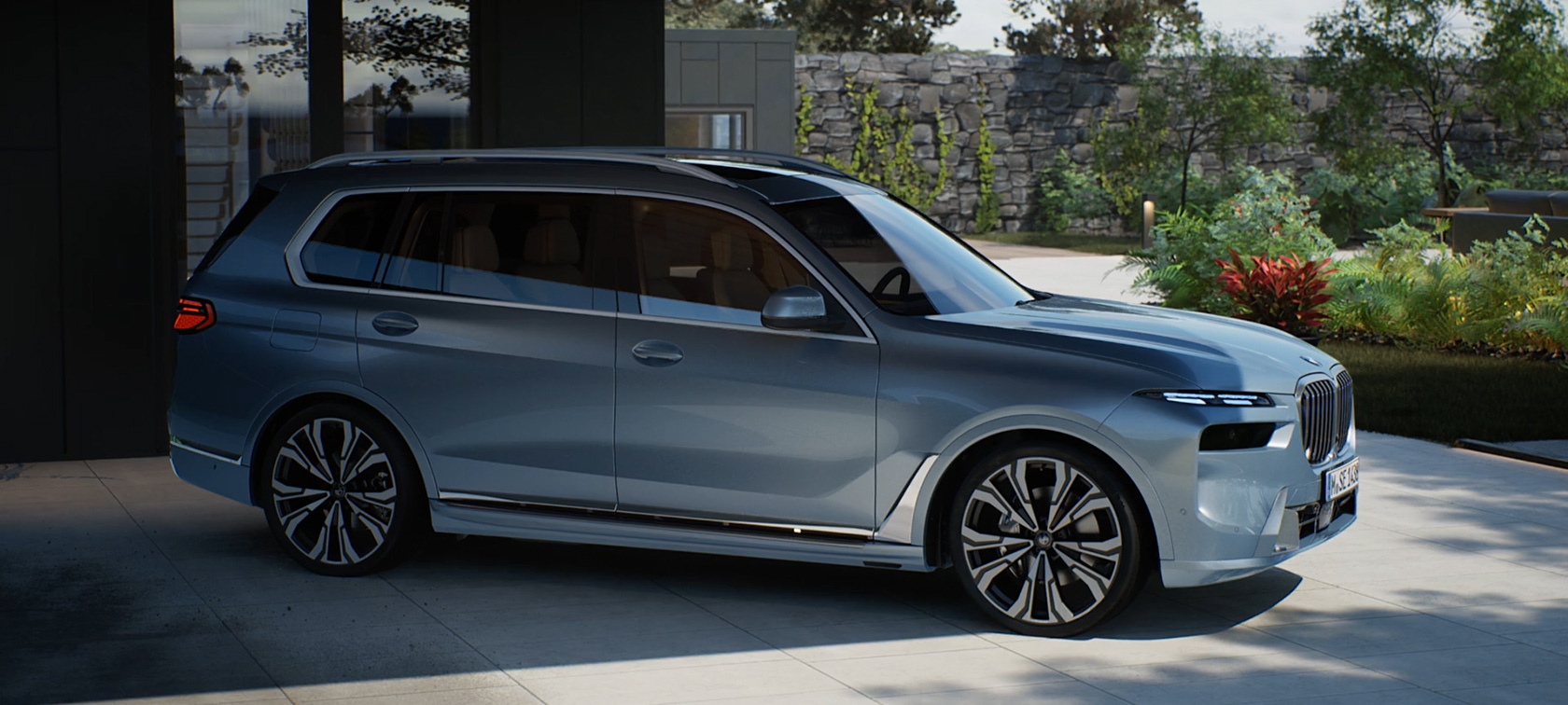 BMW X7, G07, LCI, perspetiva lateral 7/8, pintura cinza Sparkling Copper metalizada, vídeo BMW X7, G07, LCI, perspetiva lateral 7/8, parado, pintura cinza Sparkling Copper metalizada, vídeo