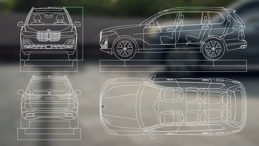 Dimensões dos desenhos, BMW X7, G07, LCI Dimensões dos desenhos, perspetivas dianteira, lateral, traseira e aérea, BMW X7, G07, LCI