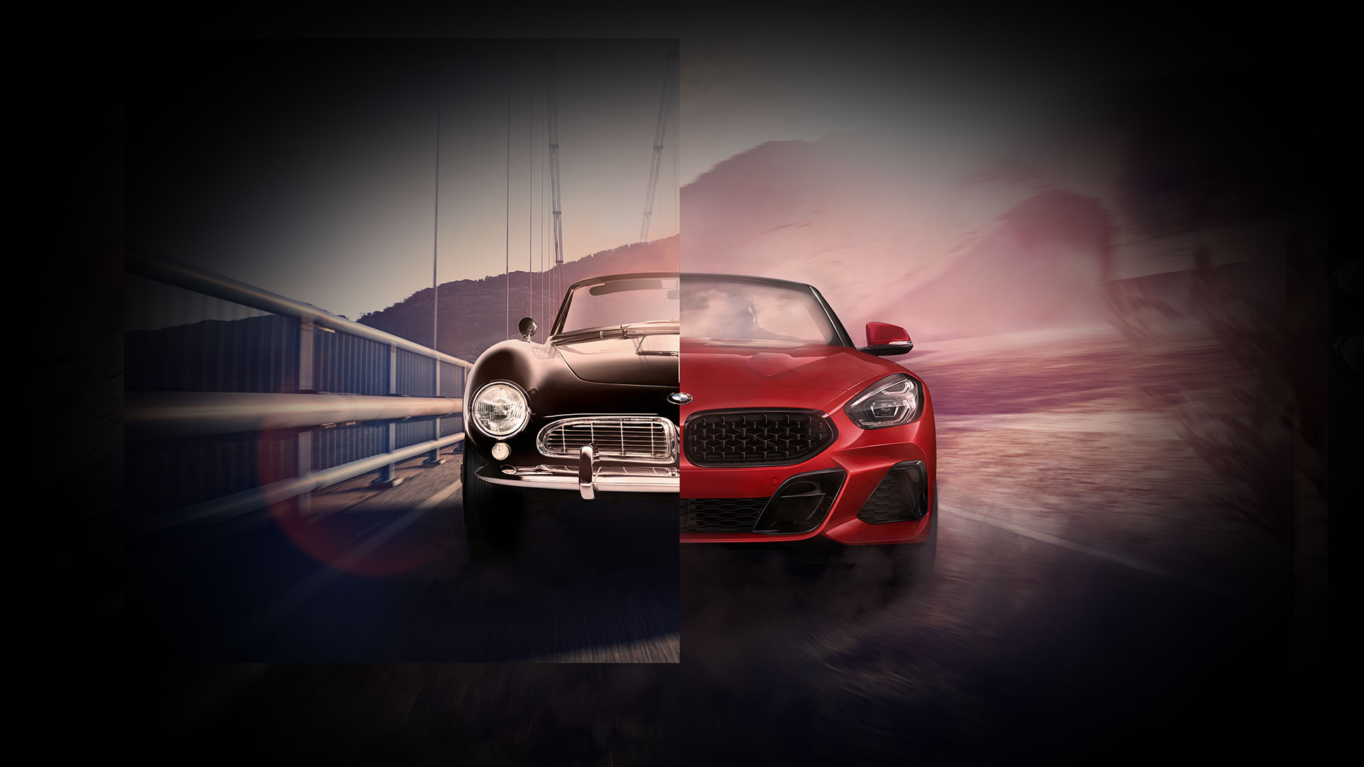BMW 507 e BMW Z4 Roadster Ecrã dividido do BMW 507 e BMW Z4 Roadster em preto