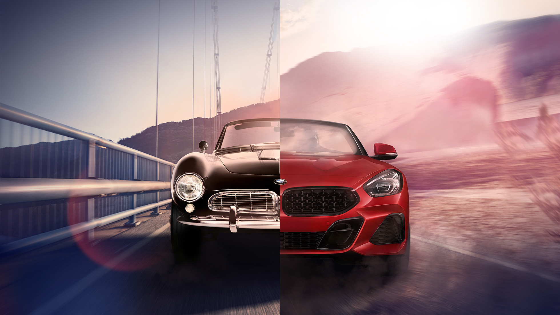 BMW 507 e BMW Z4 Roadster Imagem dividida do BMW 507 em preto e do BMW Z4 Roadster